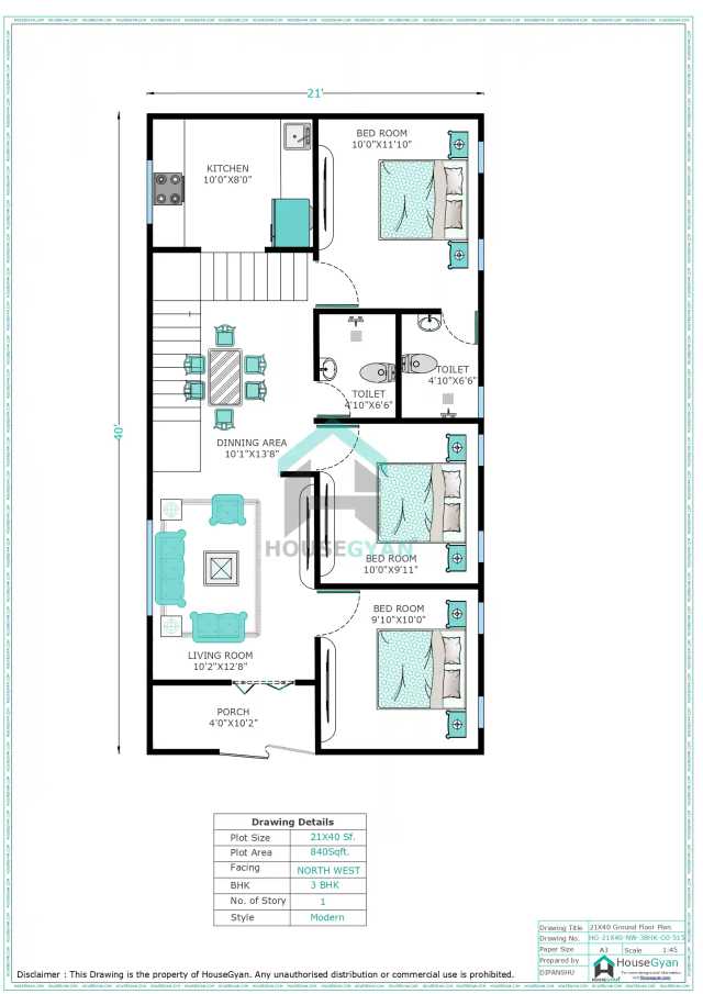 21X40 North West Facing 3BHK Ground Floor House Plan
