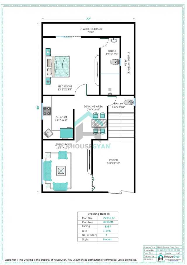 22X40 East Facing 1BHK Ground Floor House Plan