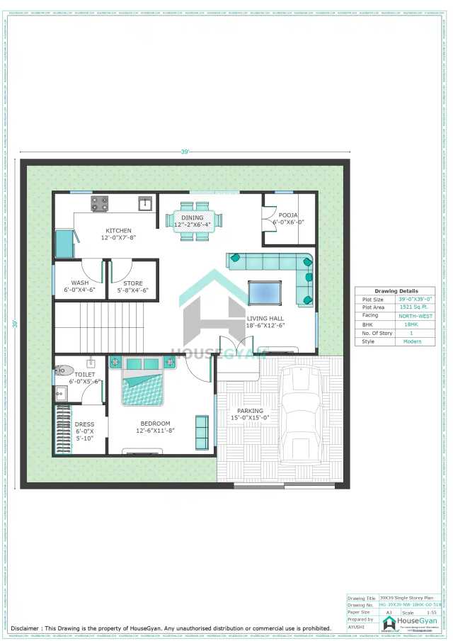 39X39 North West Facing 1BHK Ground Floor House Plan