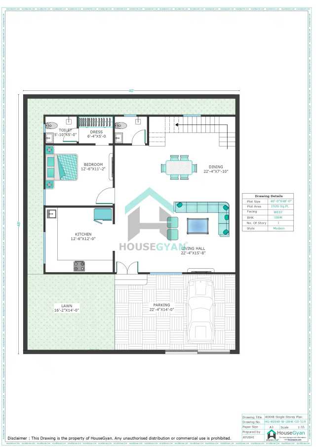 40X48 West Facing 1BHK Ground Floor House Plan