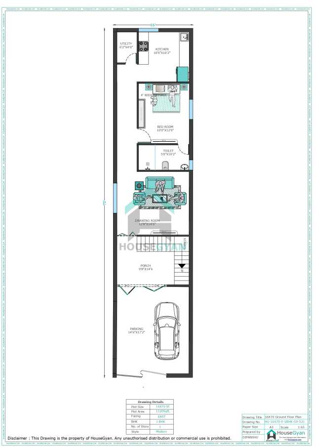 16X70 East Facing 1BHK Ground Floor House Plan