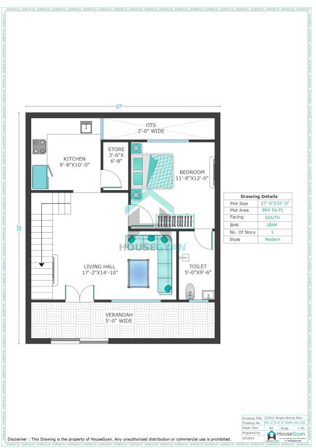 27X32 South Facing 1BHK Ground Floor House Plan