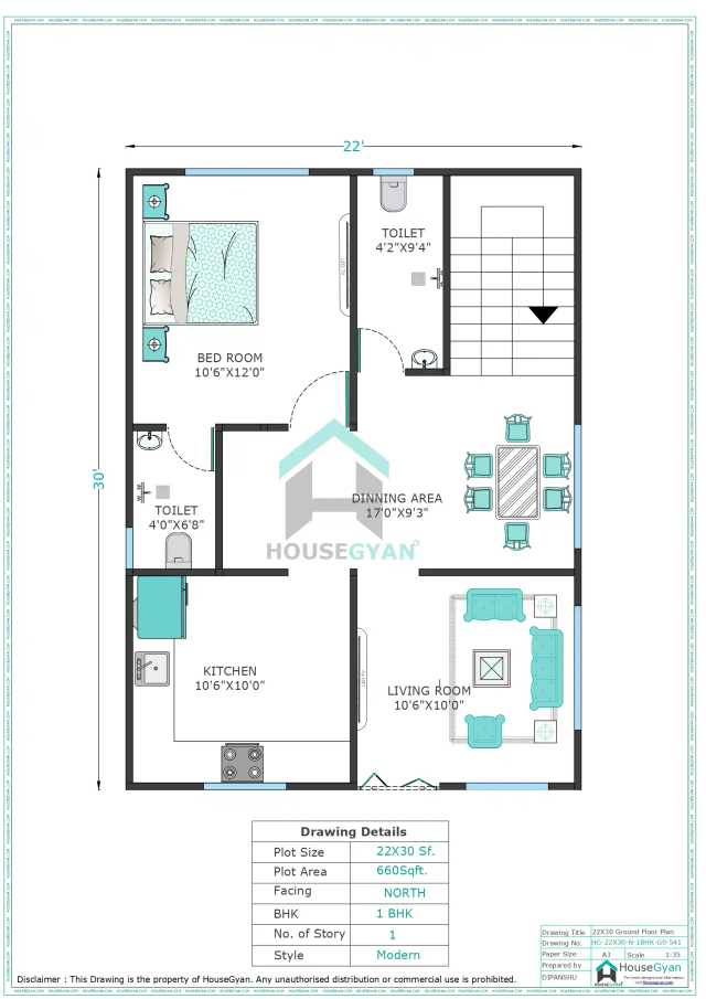 22X30 North Facing 1BHK Ground Floor House Plan