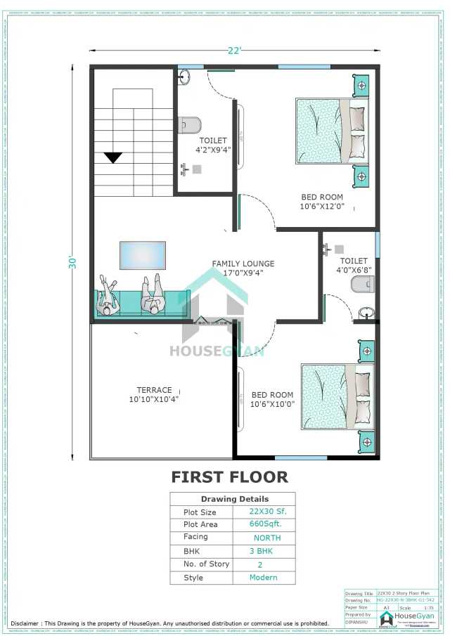 22X30 North Facing 3BHK First Floor House Plan | 660 Sqft Plot Floor Plan