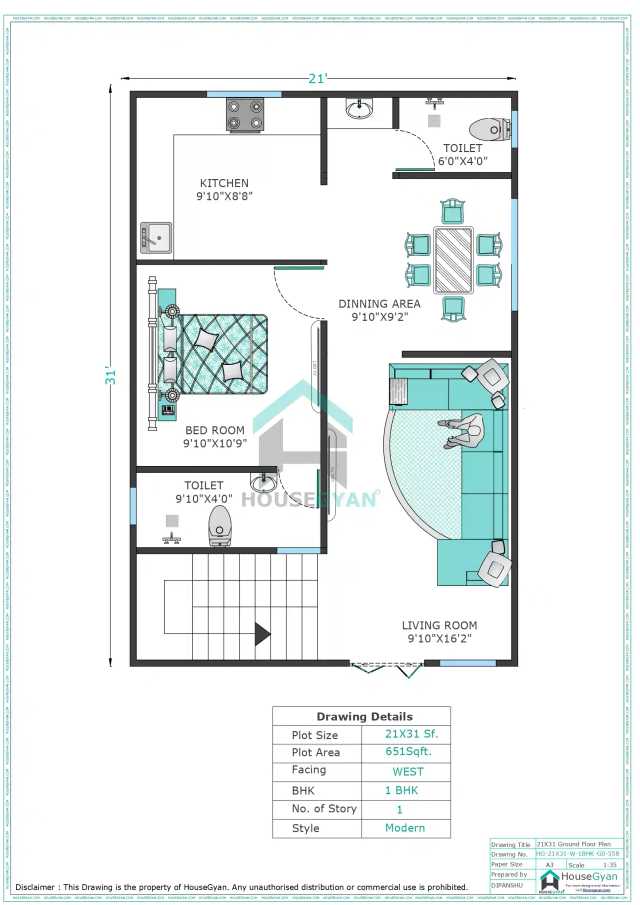 21X31 West Facing 1BHK Ground Floor House Plan | 651 Sqft Plot Floor Plan