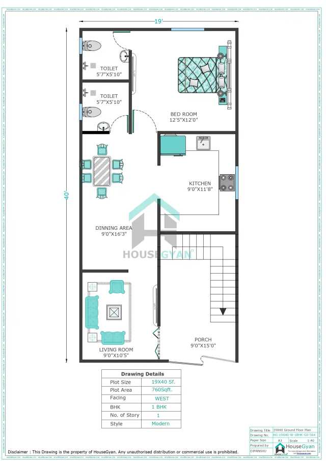19X40 West Facing 1BHK Ground Floor House Plan
