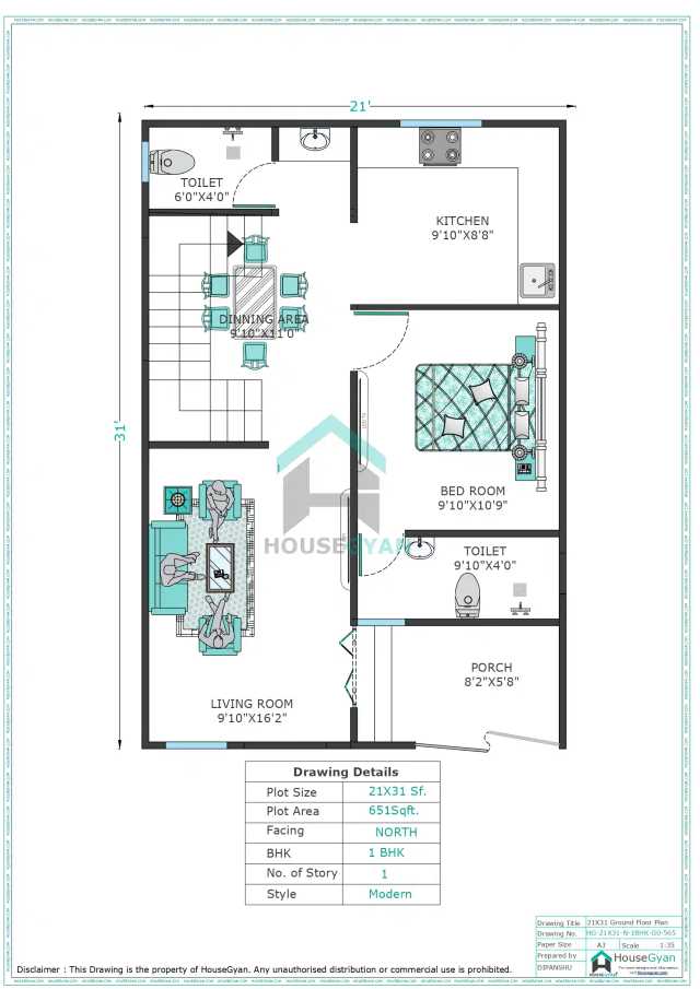 21X31 North Facing 1BHK Ground Floor House Plan