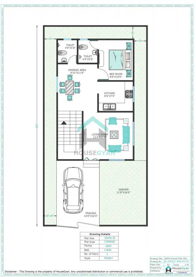 26X50 East Facing 1BHK Ground Floor House Plan | 1300 Sqft Plot Floor Plan