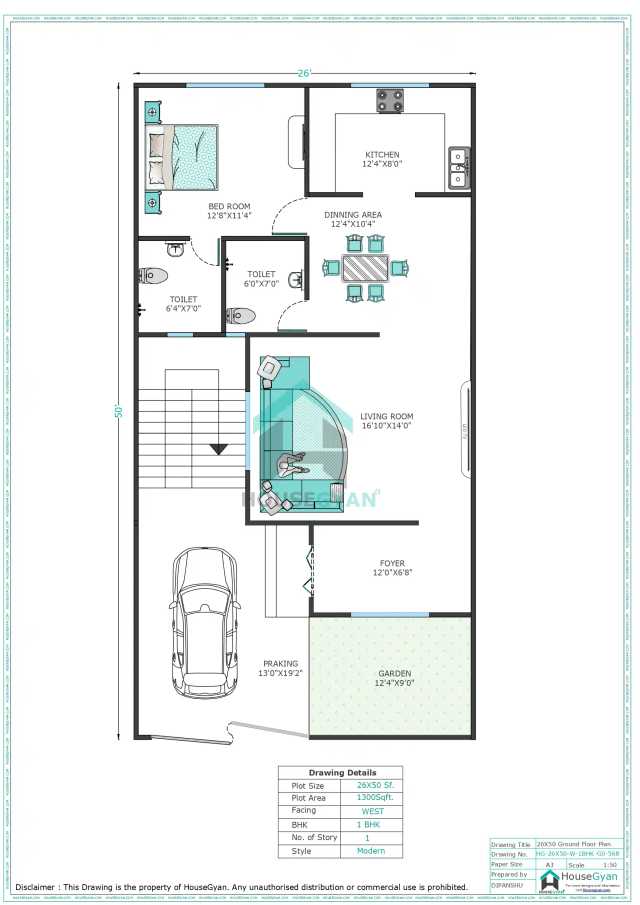 26X50 West Facing 1BHK Ground Floor House Plan