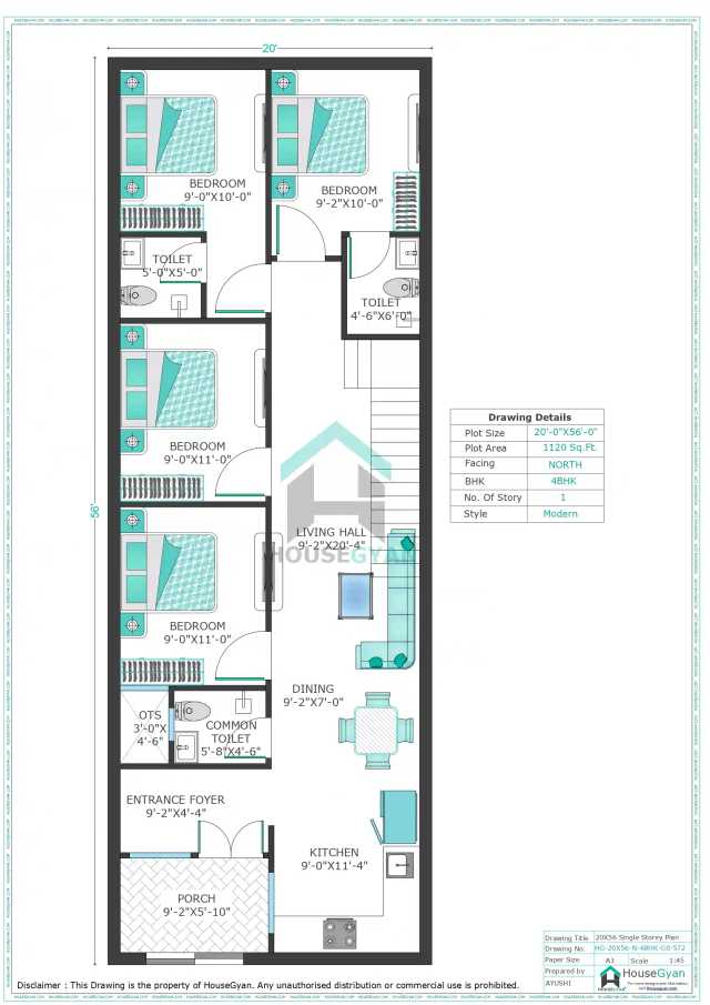 20X56 North Facing 4BHK Ground Floor House Plan