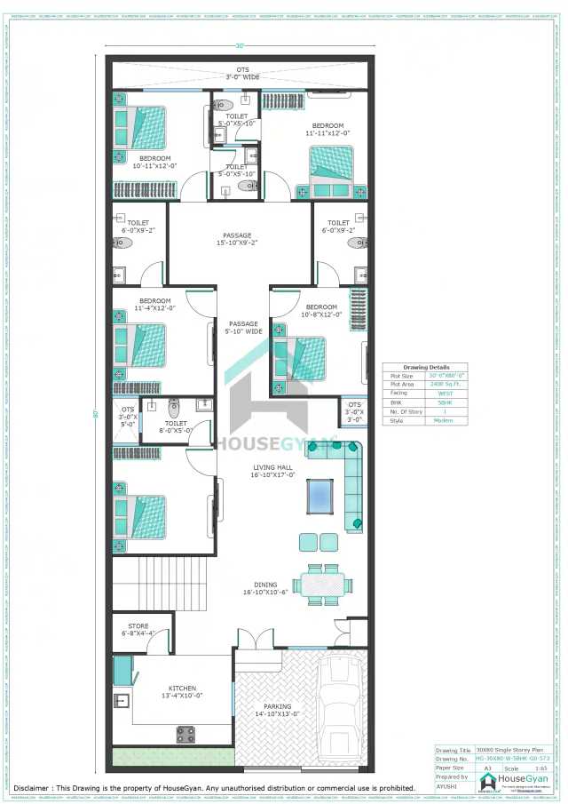 30X80 West Facing 5BHK Ground Floor House Plan