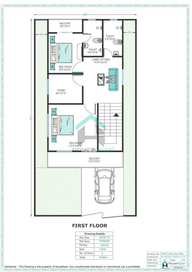 26X50 South Facing 3BHK First Floor House Plan | 1300 Sqft Plot Floor Plan