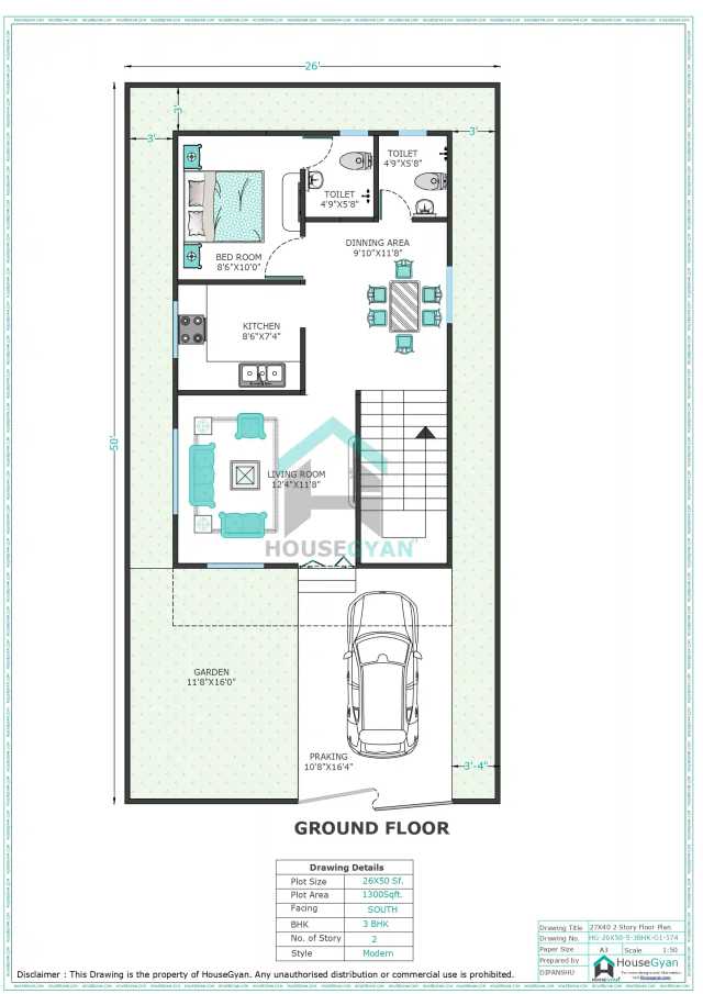 26X50 South Facing 3BHK First Floor House Plan | 1300 Sqft Plot Floor Plan