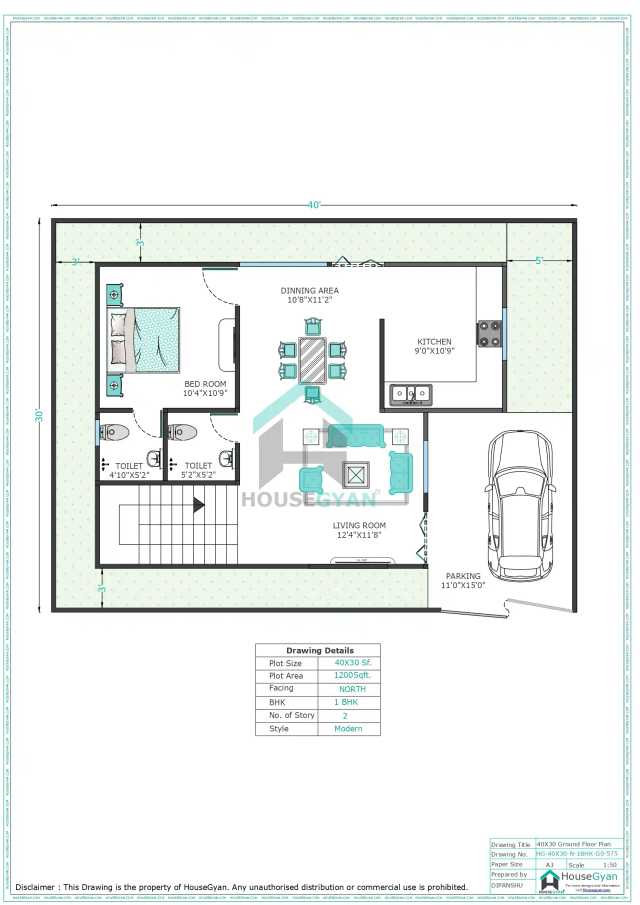 40X30 North Facing 1BHK Ground Floor House Plan