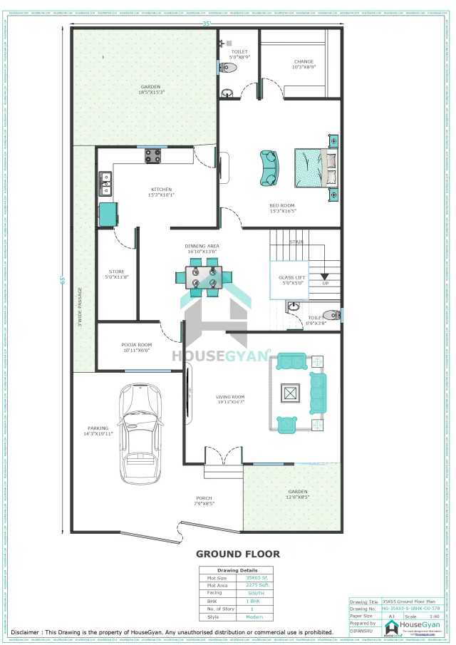 35X65 South Facing 1BHK Ground Floor House Plan
