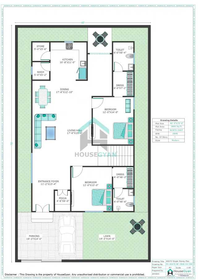 40X70 North East Facing 2BHK Ground Floor House Plan