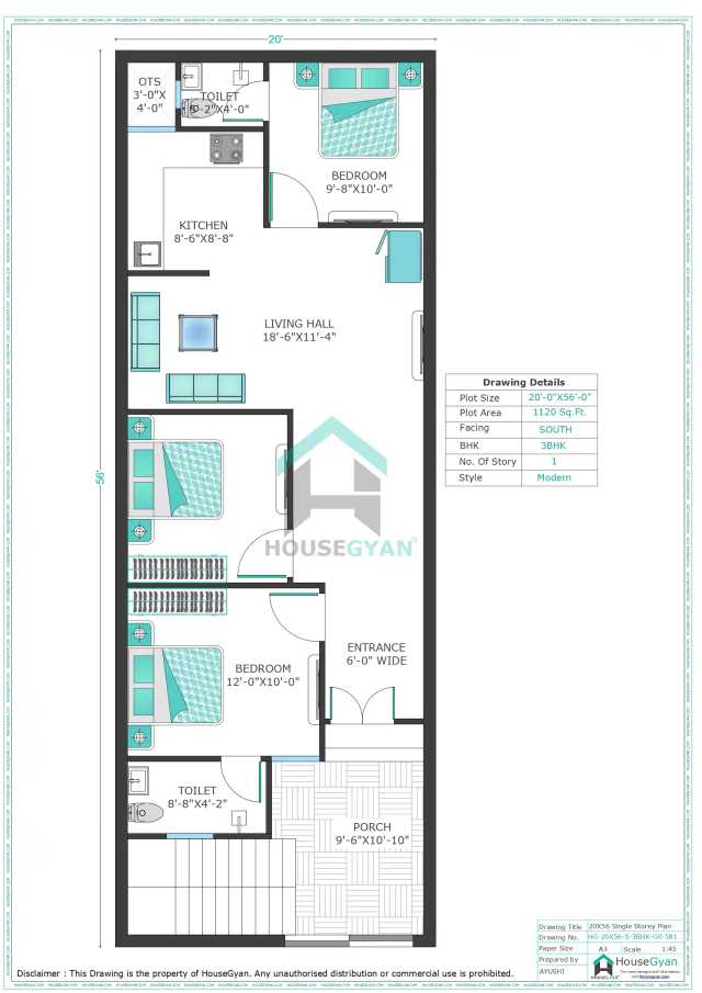 20X56 South Facing 3BHK Ground Floor House Plan | 1120 Sqft Plot Floor Plan