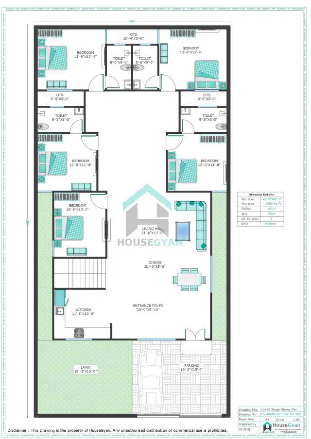 40X80 West Facing 5BHK Ground Floor House Plan