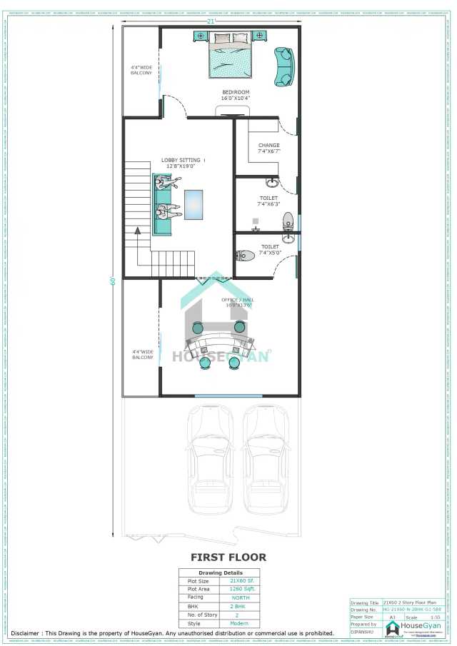 21X60 North Facing 2BHK First Floor House Plan | 1260 Sqft Plot Floor Plan