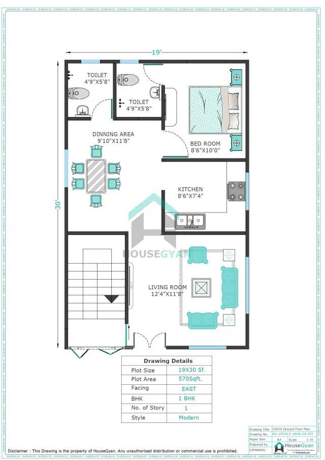 19X30 East Facing 1BHK Ground Floor House Plan