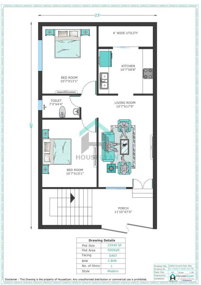 23X40 East Facing 2BHK Ground Floor House Plan | 920 Sqft Plot Floor Plan