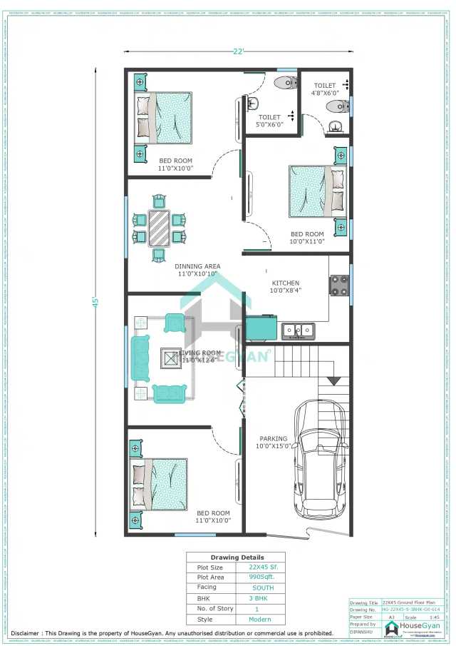 22X45 South Facing 3BHK Ground Floor House Plan | 990 Sqft Plot Floor Plan
