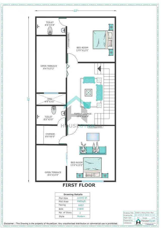 22X45 East Facing 3BHK First Floor House Plan | 990 Sqft Plot Floor Plan