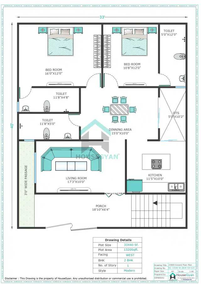 33X40 West Facing 2BHK Ground Floor House Plan | 1320 Sqft Plot Floor Plan