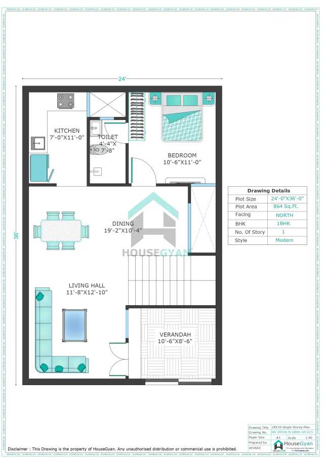 24X36 North Facing 1BHK Ground Floor House Plan