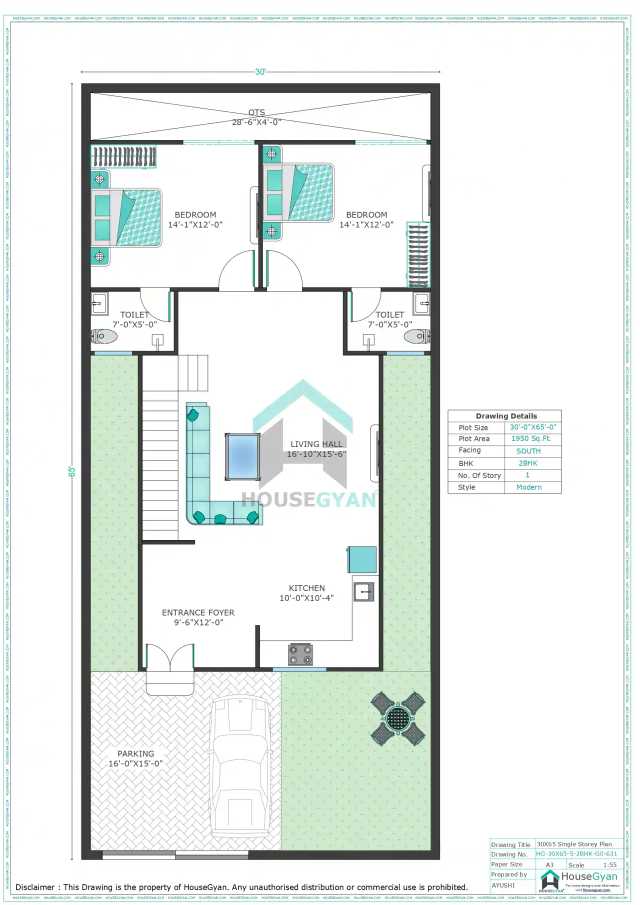 30X65 South Facing 2BHK Ground Floor House Plan