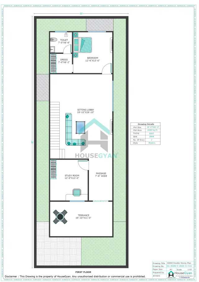 30X80 East Facing 2BHK First Floor House Plan | 2400 Sqft Plot Floor Plan