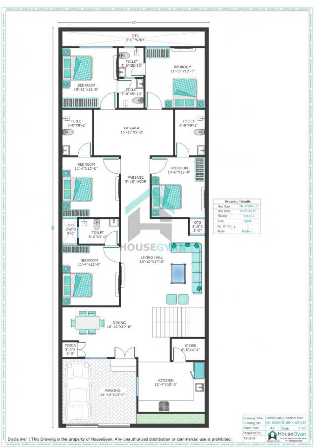 30X80 South Facing 5BHK Ground Floor House Plan