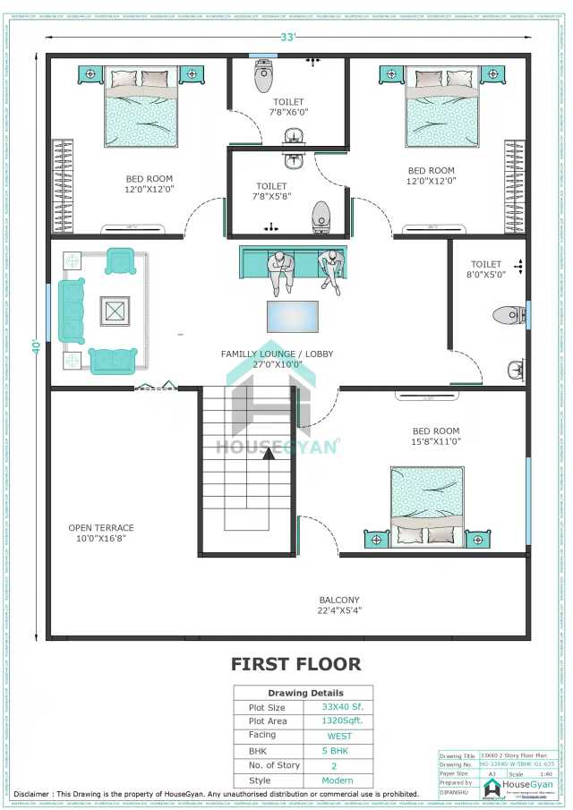 33X40 West Facing 5BHK First Floor House Plan | 1320 Sqft Plot Floor Plan