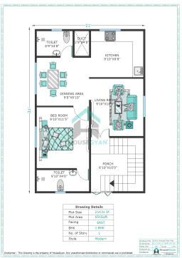 21X31 East Facing 1BHK Ground Floor House Plan | 651 Sqft Plot Floor Plan