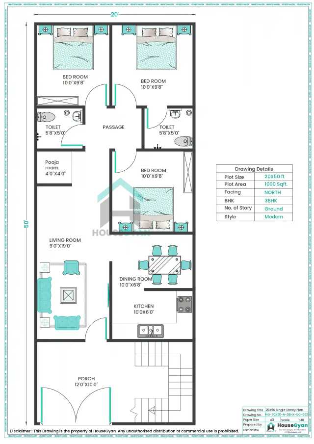 20X50 North Facing 3BHK Ground Floor House Plan | 1000 Sqft Plot Floor Plan 20X50 North Facing