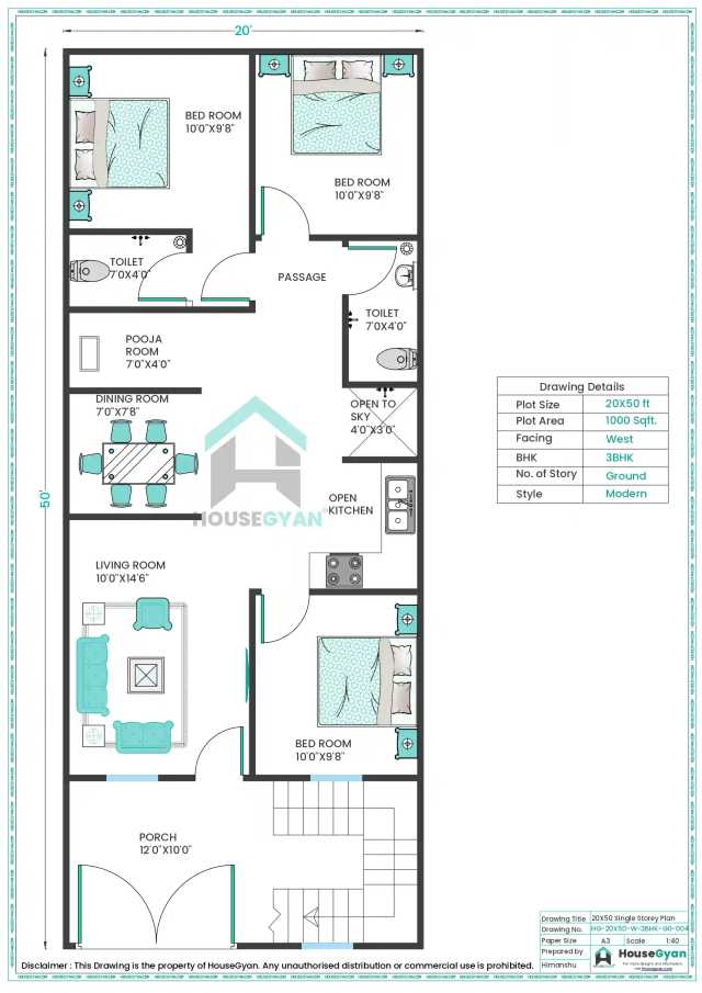 20X50 West Facing 3BHK Ground Floor House Plan | 1000 Sqft Plot Floor Plan 20X50 West Facing 3BHK Ground Floor House Plan