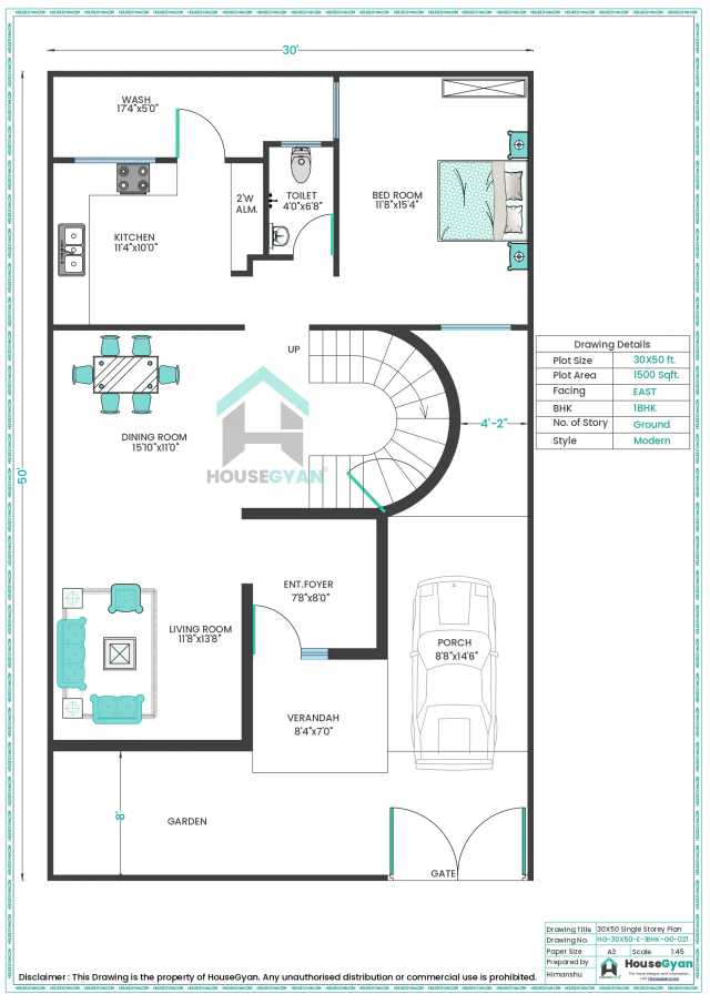 30X50 East Facing 1BHK Ground Floor House Plan | 1500 Sqft Plot Floor Plan 30X50 East Facing 1BHK Ground Floor House Plan