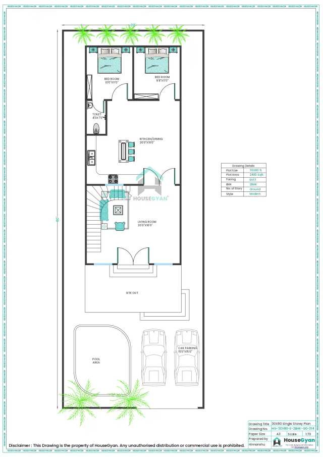30X80 East Facing 2BHK Ground Floor House Plan | 2400 Sqft Plot Floor Plan 30X80 East Facing 2BHK Ground Floor House Plan