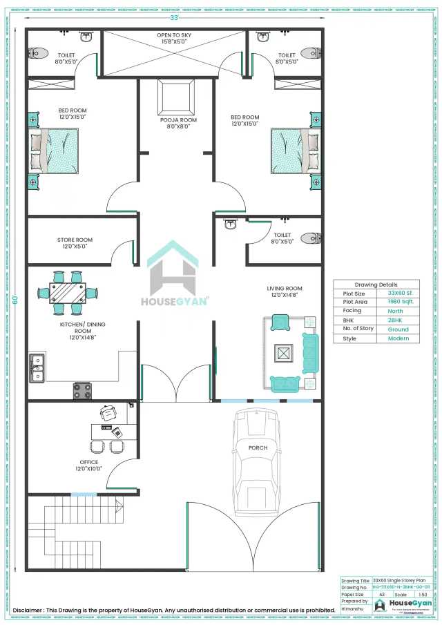 33X60 North Facing 2BHK Ground Floor House Plan | 1980 Sqft Plot Floor Plan 33X60 North Facing 2BHK Ground Floor House Plan