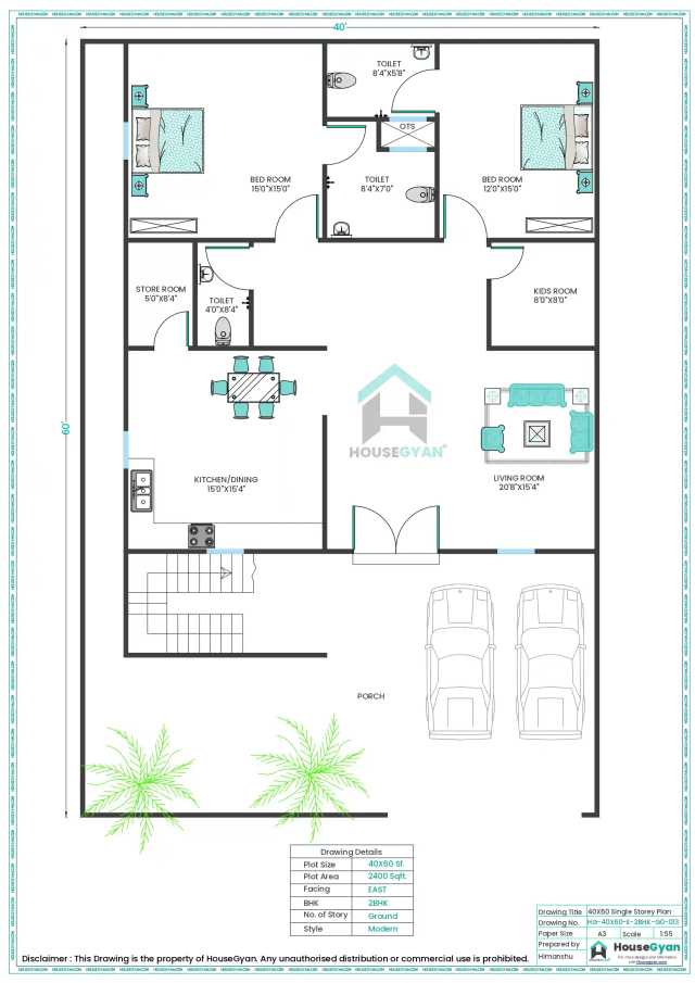 40X60 East Facing 2BHK Ground Floor House Plan | 2400 Sqft Plot Floor Plan 40X60 East Facing 2BHK Ground Floor House Plan