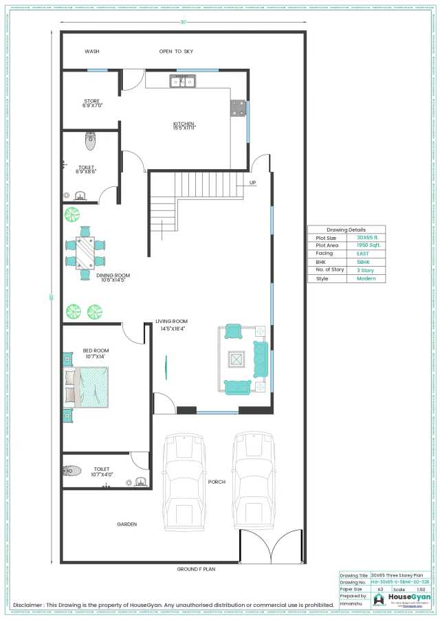 30X65 East Facing 5BHK Second Floor House Plan | 1950 Sqft Plot Floor Plan 30X65 East Facing 5BHK Second Floor House Plan