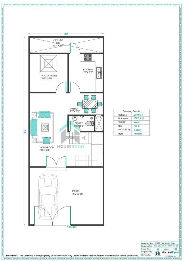 20X50 West Facing 3BHK First Floor House Plan | 1000 Sqft Plot Floor Plan 20X50 West Facing 3BHK First Floor House Plan
