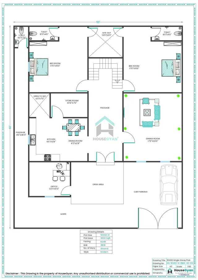 50X60 North Facing 2BHK Ground Floor House Plan | 3000 Sqft Plot Floor Plan 50X60 North Facing 2BHK Ground Floor House Plan