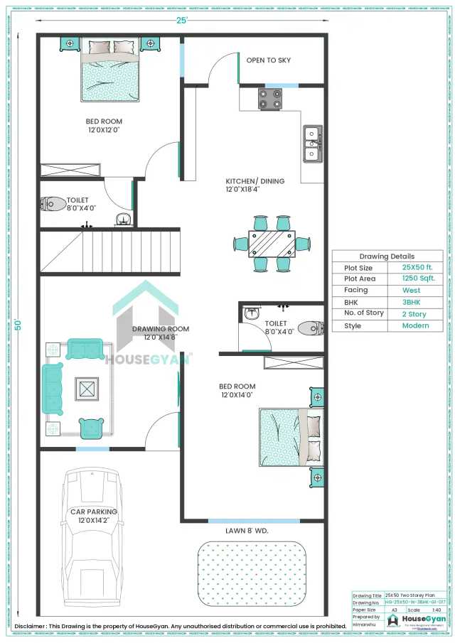 25X50 West Facing 3BHK First Floor House Plan | 1250 Sqft Plot Floor Plan 25X50 West Facing 3BHK First Floor House Plan