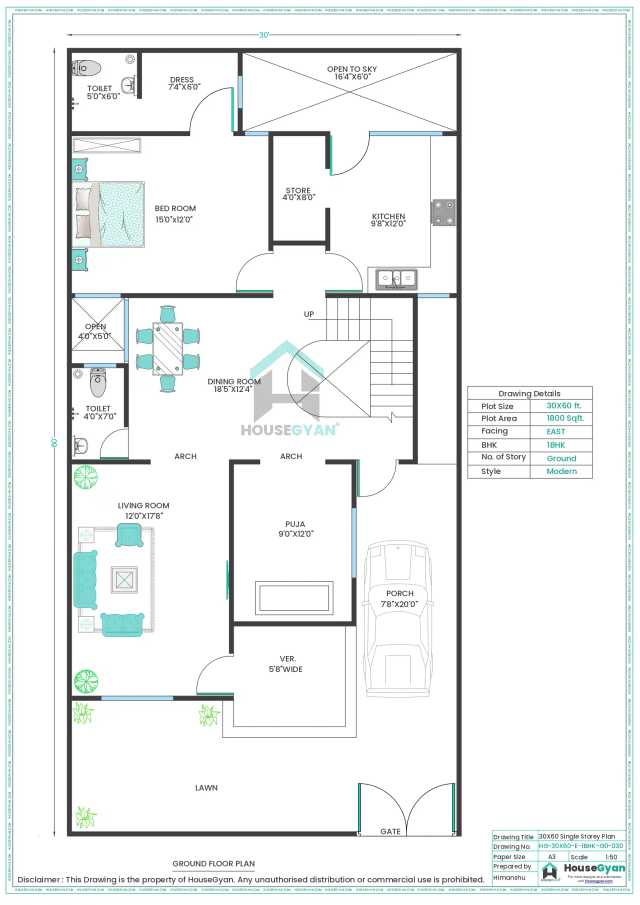 30X60 East Facing 1BHK Ground Floor House Plan | 1800 Sqft Plot Floor Plan 30X60 East Facing 1BHK Ground Floor House Plan