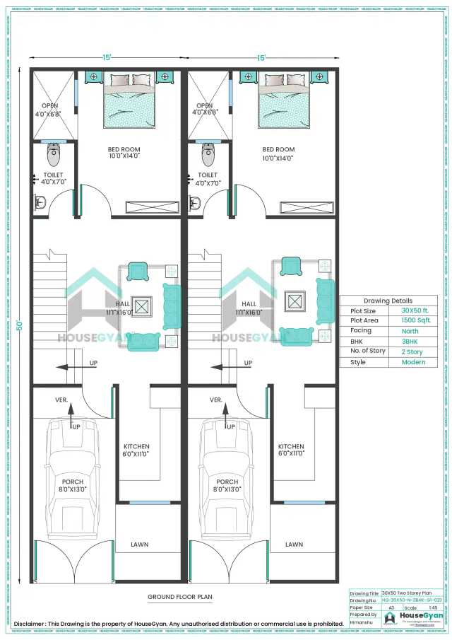 30X50 North Facing 3BHK First Floor House Plan | 1500 Sqft Plot Floor Plan 30X50 North Facing 3BHK First Floor House Plan