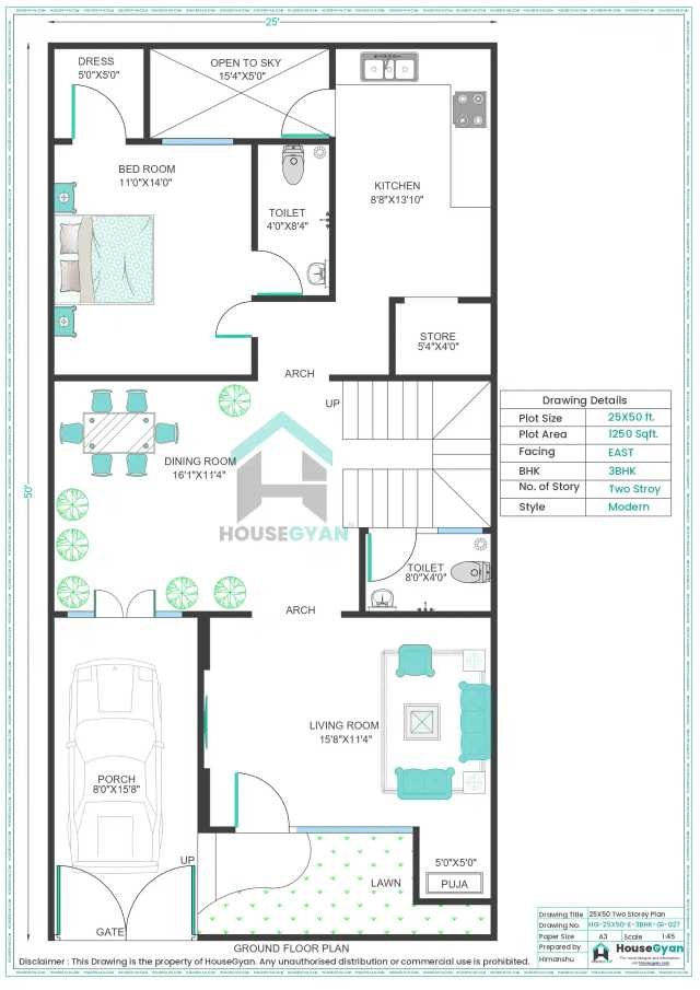 25X50 East Facing 3BHK First Floor House Plan | 1250 Sqft Plot Floor Plan 25X50 East Facing 3BHK First Floor House Plan