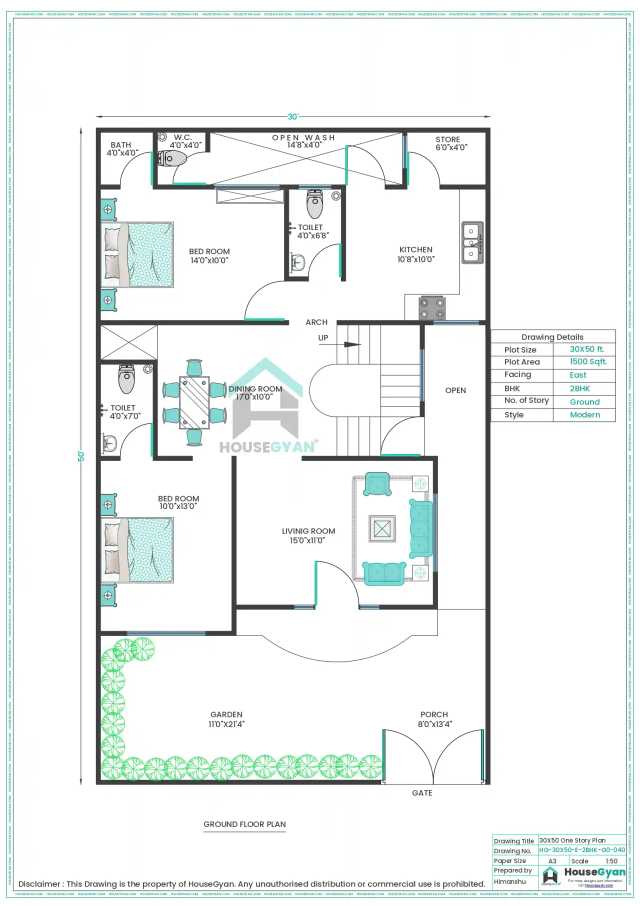30X50 East Facing 2BHK Ground Floor House Plan | 1500 Sqft Plot Floor Plan 30X50 East Facing 2BHK Ground Floor House Plan | 1500 Sqft Plot Floor Plan