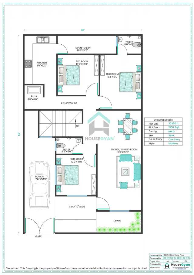 30X50 North Facing 3BHK Ground Floor House Plan | 1500 Sqft Plot Floor Plan 30X50 North Facing 3BHK Ground Floor House Plan