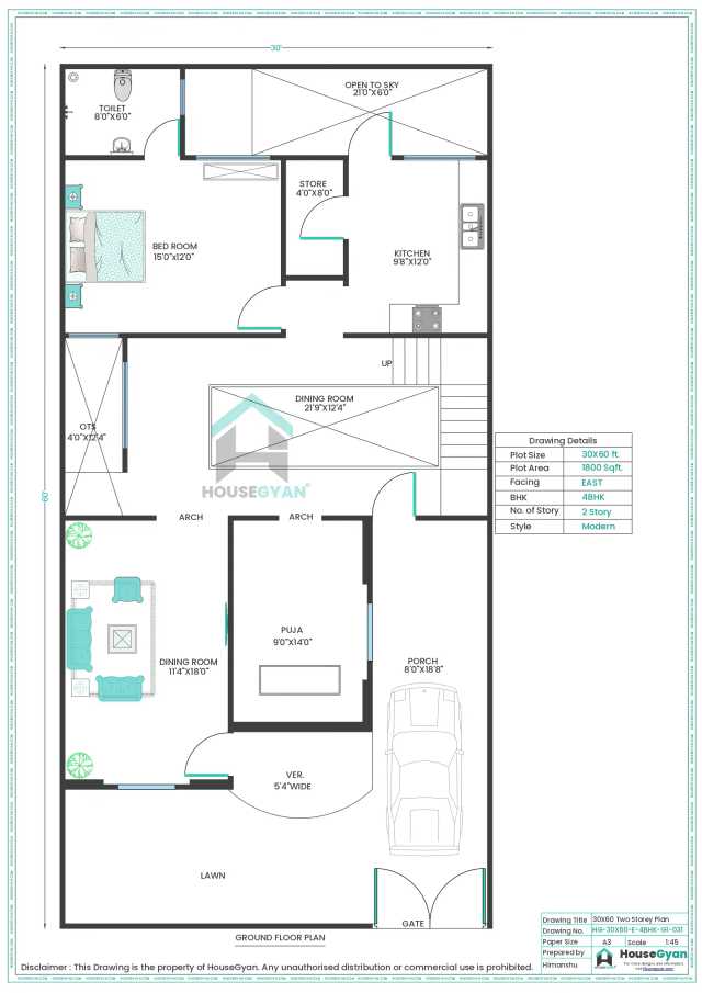 30X60 East Facing 4BHK First Floor House Plan | 1800 Sqft Plot Floor Plan 30X60 East Facing 4BHK First Floor House Plan